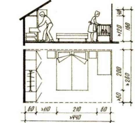 Рис.7. Мансардная часть помещения с размещением встроенной и передвижной мебели