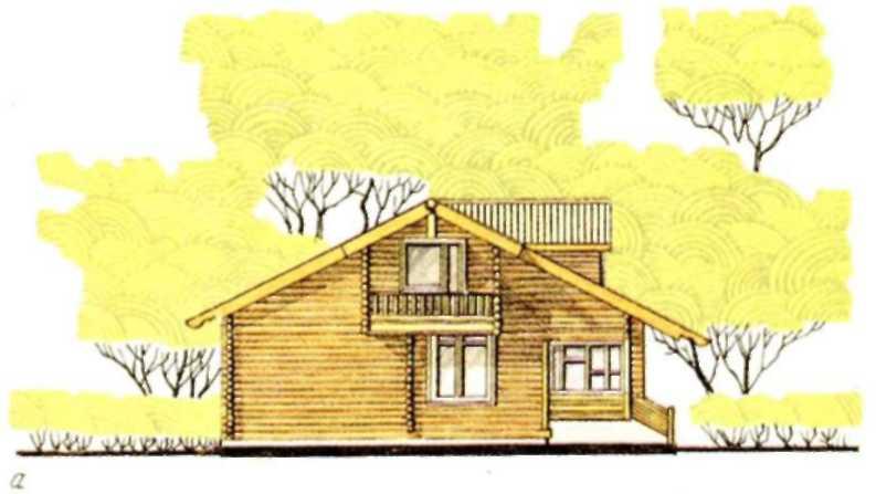 Мансардный четырехкомнатный дом — конкурсное предложение (жилая площадь 43,56 м2 , общая — 83,36 м2): а — фасад