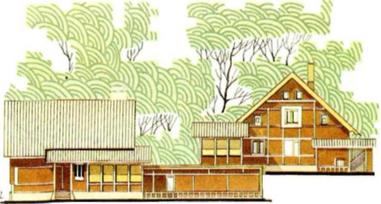  Мансардный пятикомнатный дом из изделий серии 25 — типовой проект 181 -25-38.83 (жилая площадь 65,7 м2; общая — 119,5 м2); а — фасад