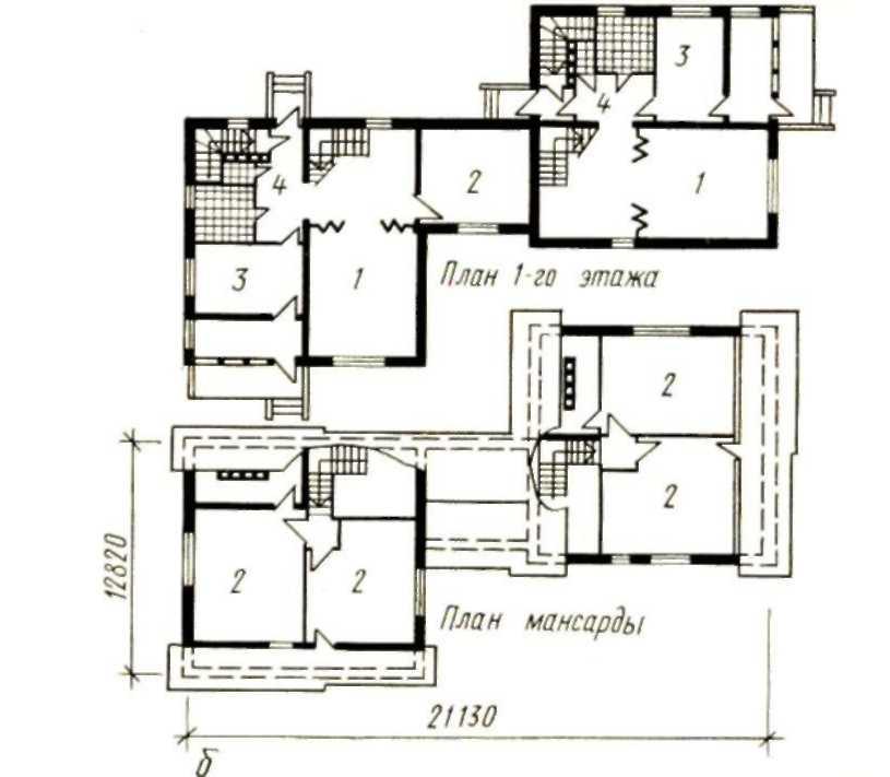 Двухквартирный мансардный дом с трех- и четырехкомнатными квартирами, индивидуальный проект (жилая площадь 54 и 68 м2, общая — 84 и 98 м2)