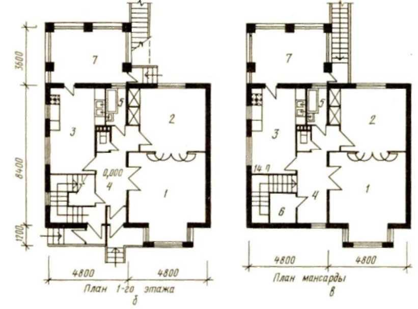 Двухквартирный дом с поэтажно расположенными двухкомнатными квартирами, типовой проект блок-квартиры 144-216-42.90 (жилая площадь 38 м2 общая — 67 мм2)