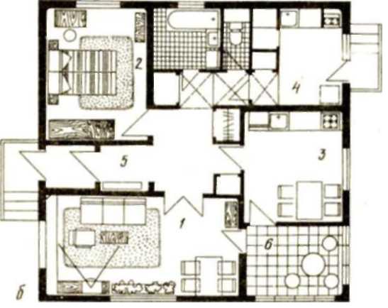 Рис.24. Одноэтажный двухкомнатный лом из объемных модулей (жилая площадь 31,45 м2, общая — 68,48 м2)