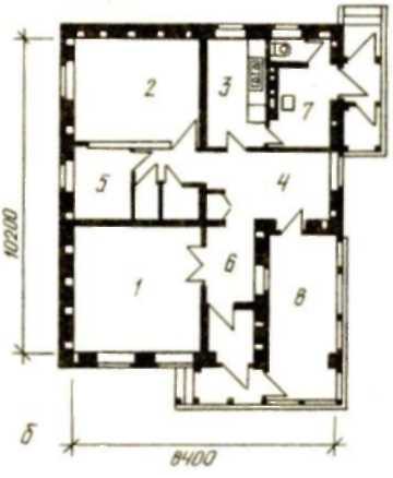 Рис.26. Одноэтажный двухкомнатный дом серии 17 — типовой проект 183-17-43/1 (жилая площадь 38,3 м2; общая — 62.3 м2)