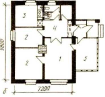 Рис.28. Одноэтажный трехкомнатный дом — типовой проект 184-16-18/77 (жилая площаль — 48,5 и, общая — 68,8 м2)