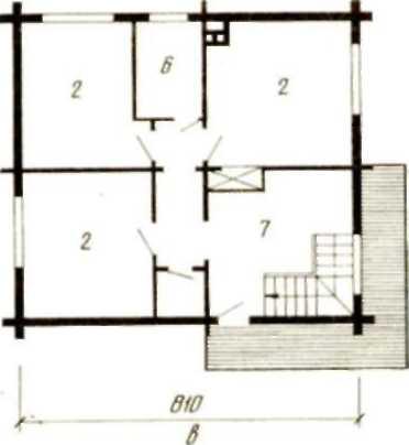 Рис.50. Двухэтажный четырехкомнатный дом — типовой проект 184-214-5 (жилая площадь 68,7 м2, общая — 98,8м2):<br>
б — план нерпою этажа; в — план второго этажа; 1 — общая комната и передняя (26 м2), 2  — спальни ( N. 11,5; 10,2 м2): 3 — кухня (7,8 м2); 4 — моечная и топочная (3,5 м2); 5 — хозяйственное помещение (4 м2), 6 совмещенный санузел (3,8 м2); 7 — холл (6,8 м2); 8  — уборная; 9 — веранда (25,1 м2); 10 — гараж ( 19,2 м2).