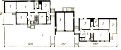 Двухквартирный одноэтажный дом с трехкомнатными квартирами, сблокированными с гаражом, в пос. Алитус Литовской ССР (жилая площадь квартиры 42,27 м2; общая — 71,27 м2)