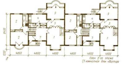 Многоквартирный одно-двухэтажный блокированный лом с трех-пятикомнатными квартирами для индивидуального строительства I и типовой проект 216-047-90